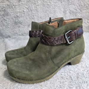 Dansko Maria Ankle Clog Boots Olive Green Leather Braided Buckle EU 40 US 9 9.5